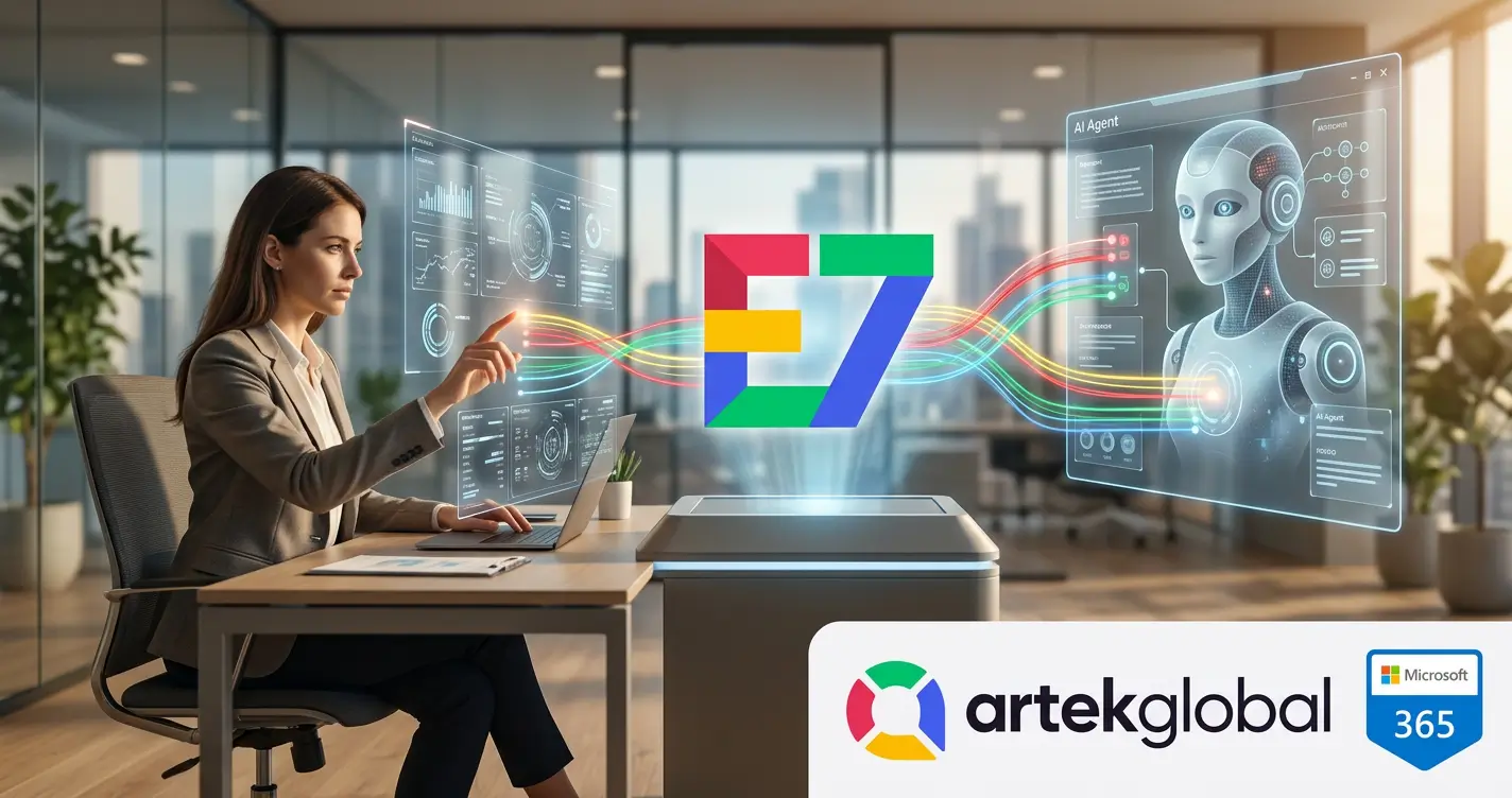 Microsoft 365 E7 The Frontier Suite 企業 AI 轉型示意圖，展示人類員工與 AI Agent 協作的未來工作場景