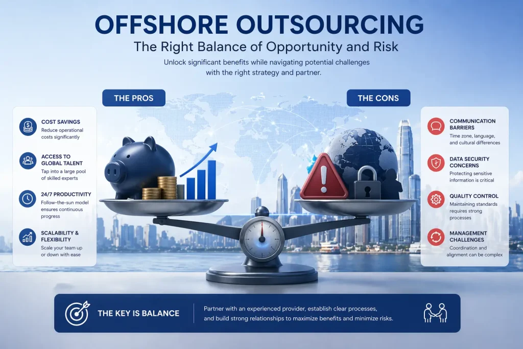 Offshore outsourcing pros and cons concept illustration with balanced scale showing cost savings on one side and risk factors on the other