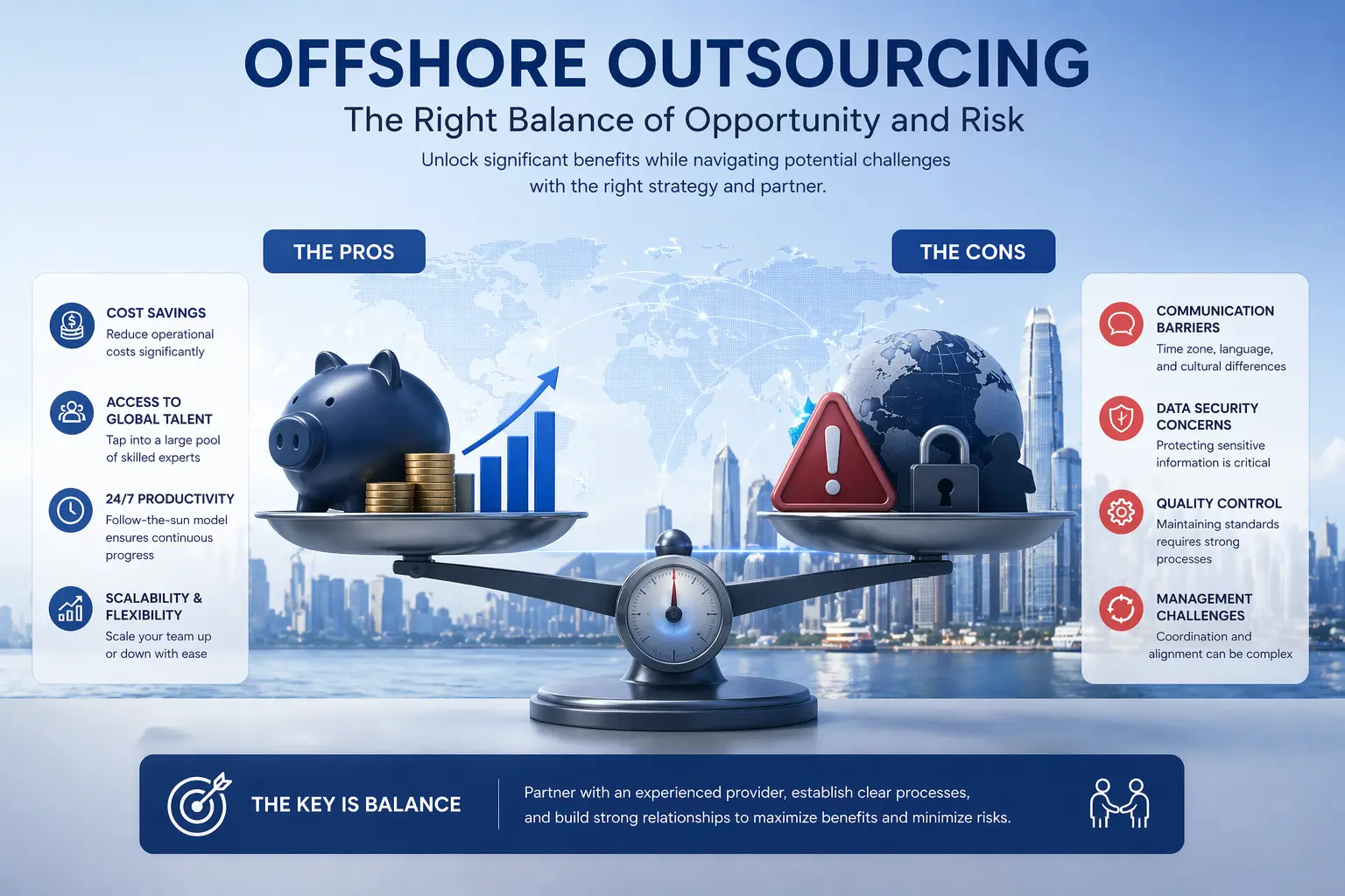 Offshore outsourcing pros and cons concept illustration with balanced scale showing cost savings on one side and risk factors on the other