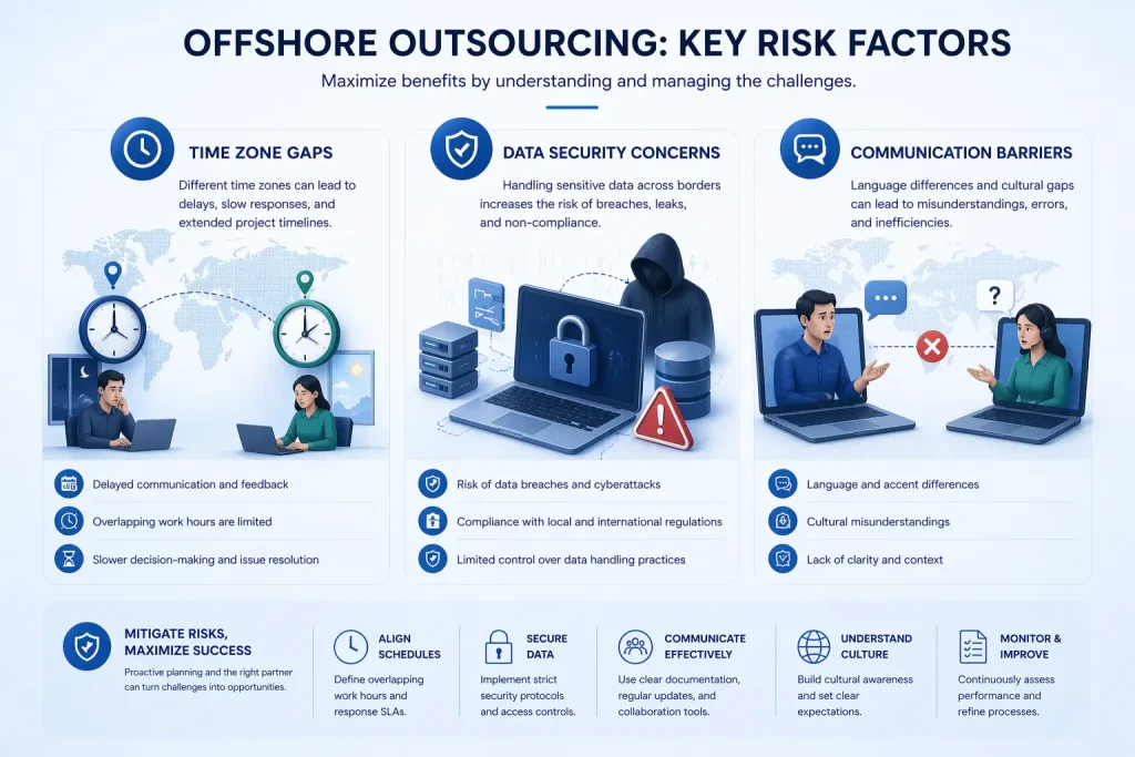 Offshore outsourcing risk factors infographic showing time zone gaps, data security concerns, and communication barriers