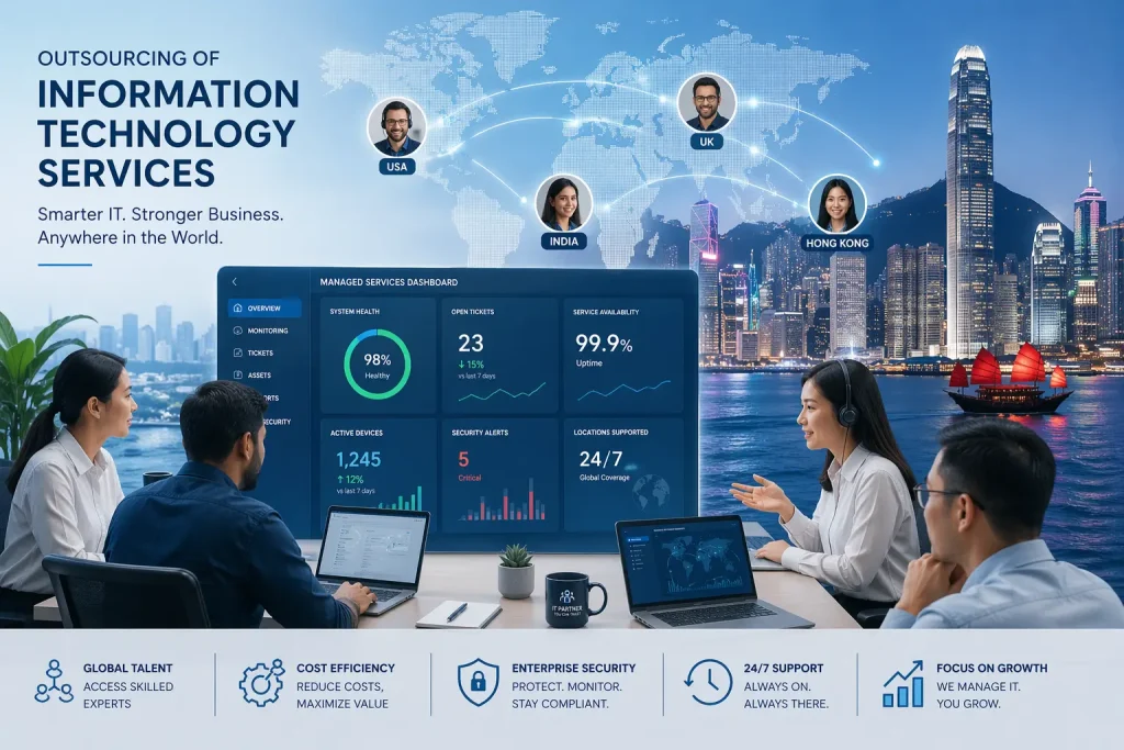 Outsourcing of Information Technology Services concept illustration showing global IT team collaboration, managed services dashboard, and Hong Kong skyline