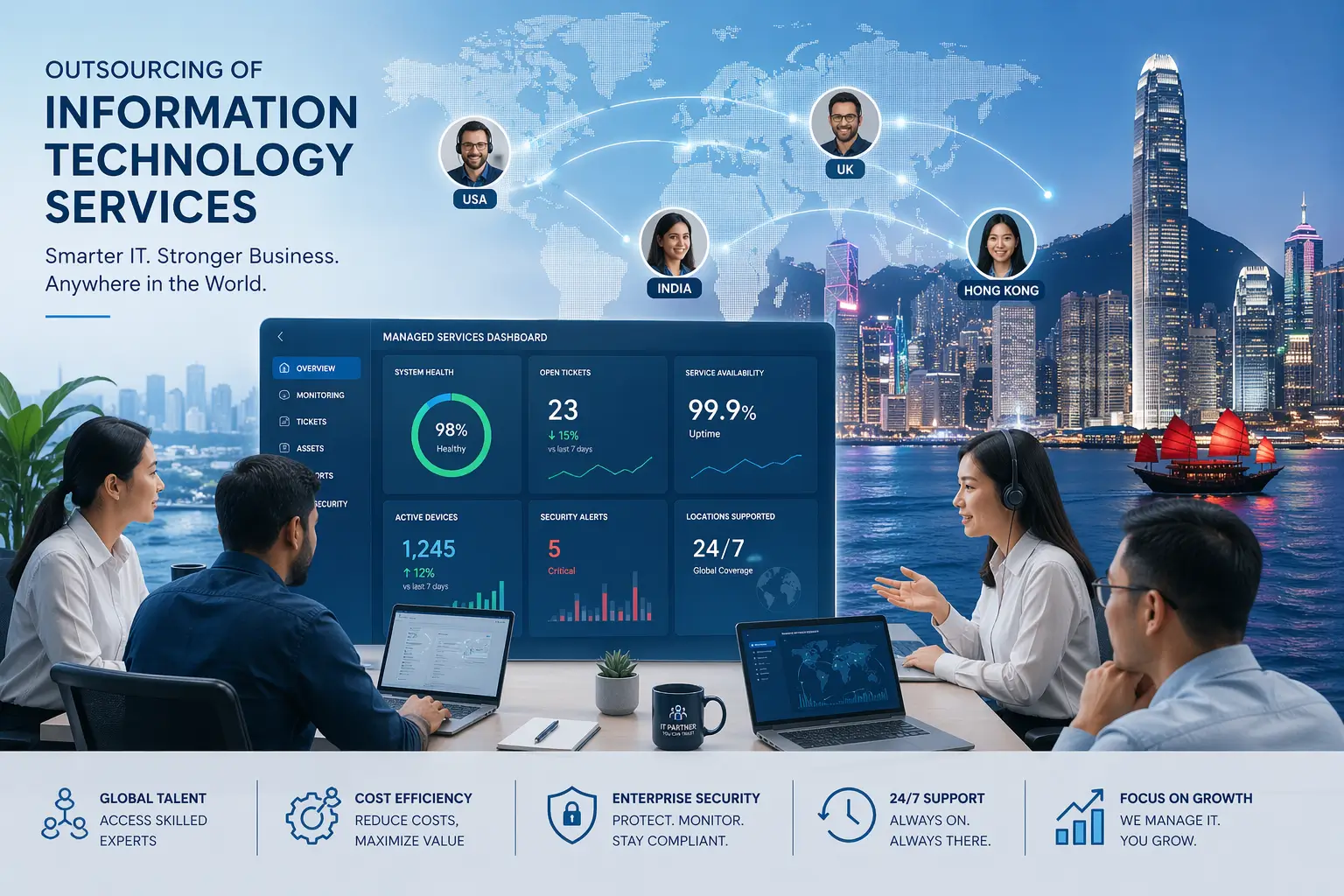 Outsourcing of Information Technology Services concept illustration showing global IT team collaboration, managed services dashboard, and Hong Kong skyline