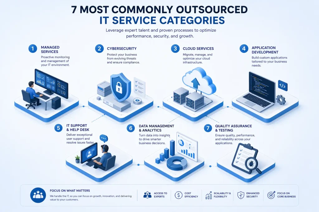 Isometric illustration showing the seven most commonly outsourced IT service categories including managed services, cybersecurity, and cloud