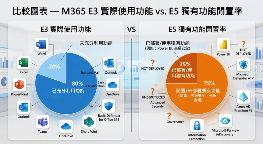 Microsoft 365 E5 授權獨有功能使用率分析圖
